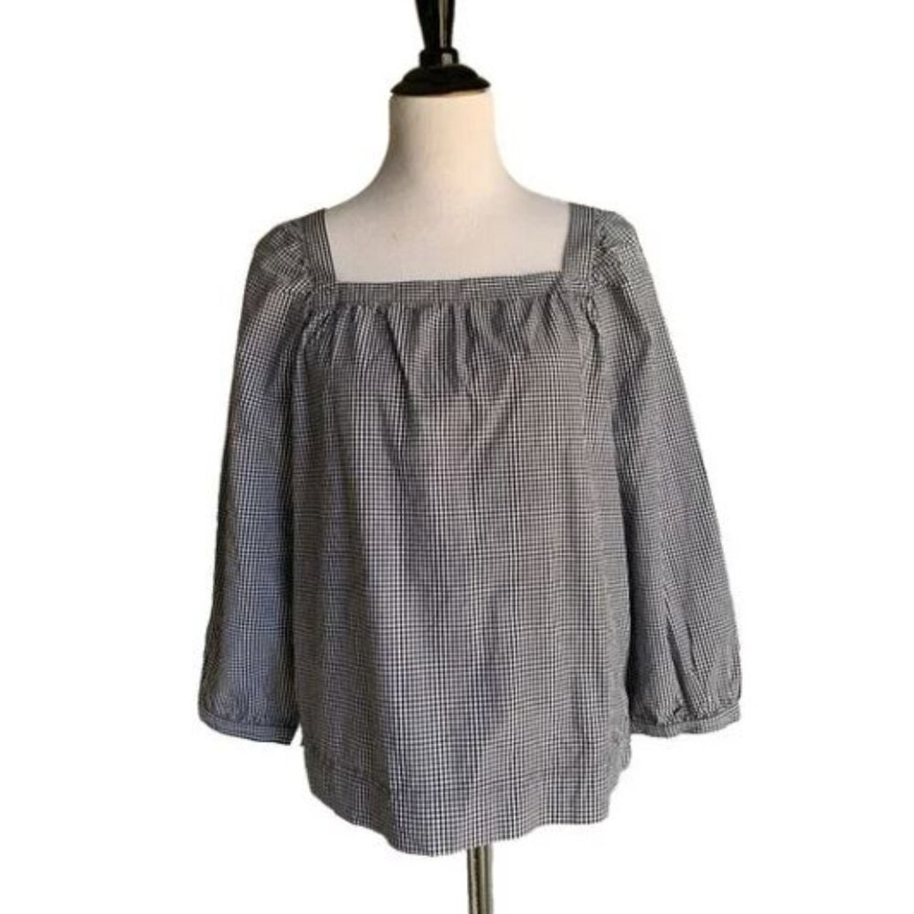 J.Crew Square Neck Micro check Gingham Black White Blouse Top Sz MEDIUM Blouse